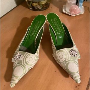 Saks Fifth Avenue satin embroidered mules